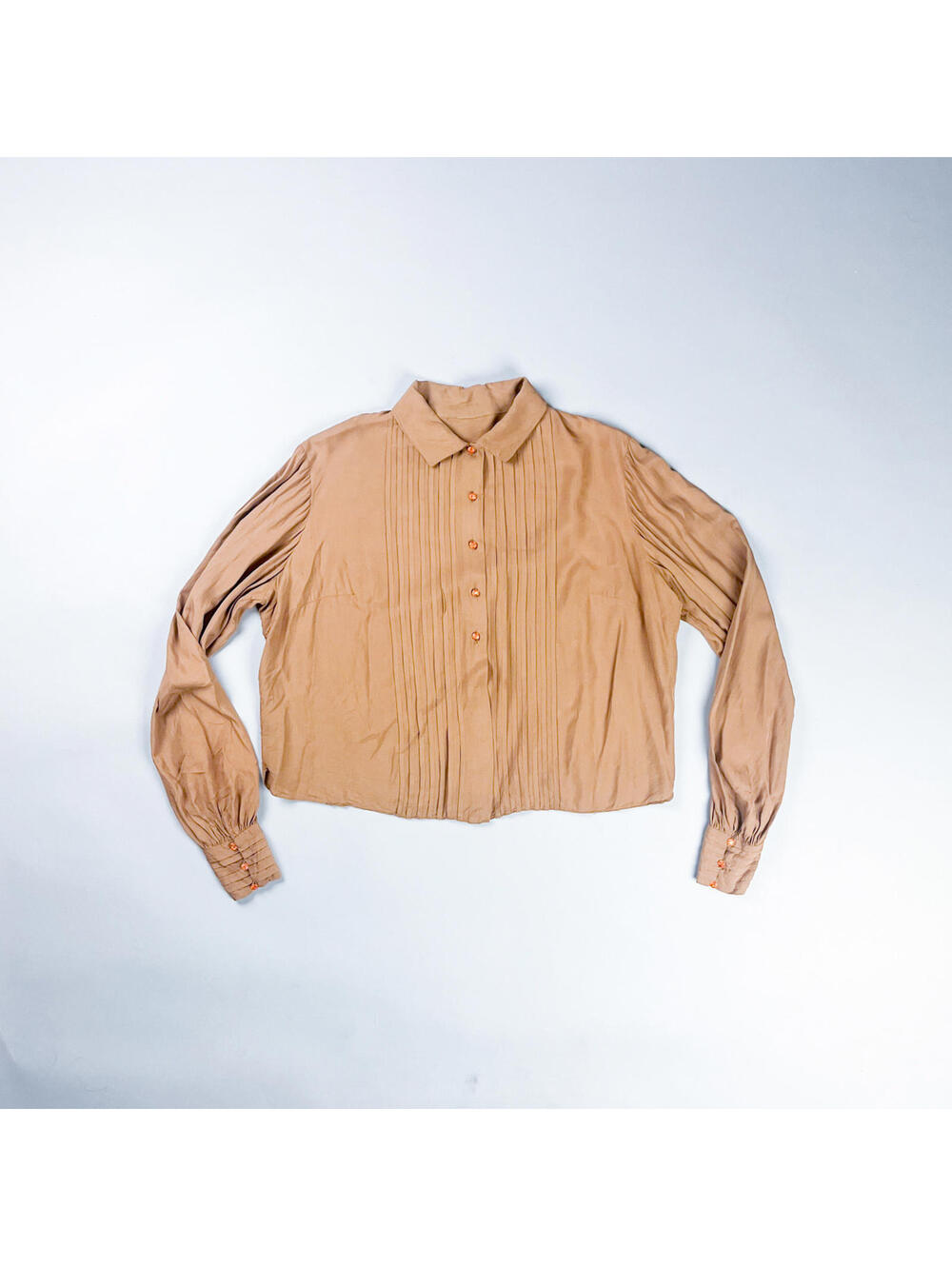 Vintage 1940's Beige Long Sleeve Button-Up Tuxedo Style Silk Blouse
